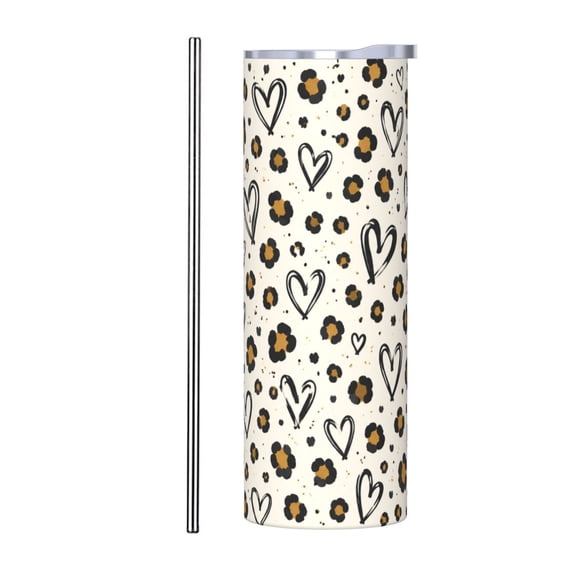Leopard Heart Pattern 20oz Insulated Tumbler with Handle and Straw Travel Coffee Cup Car Cup Gift for Women with Stainless Steel Straw