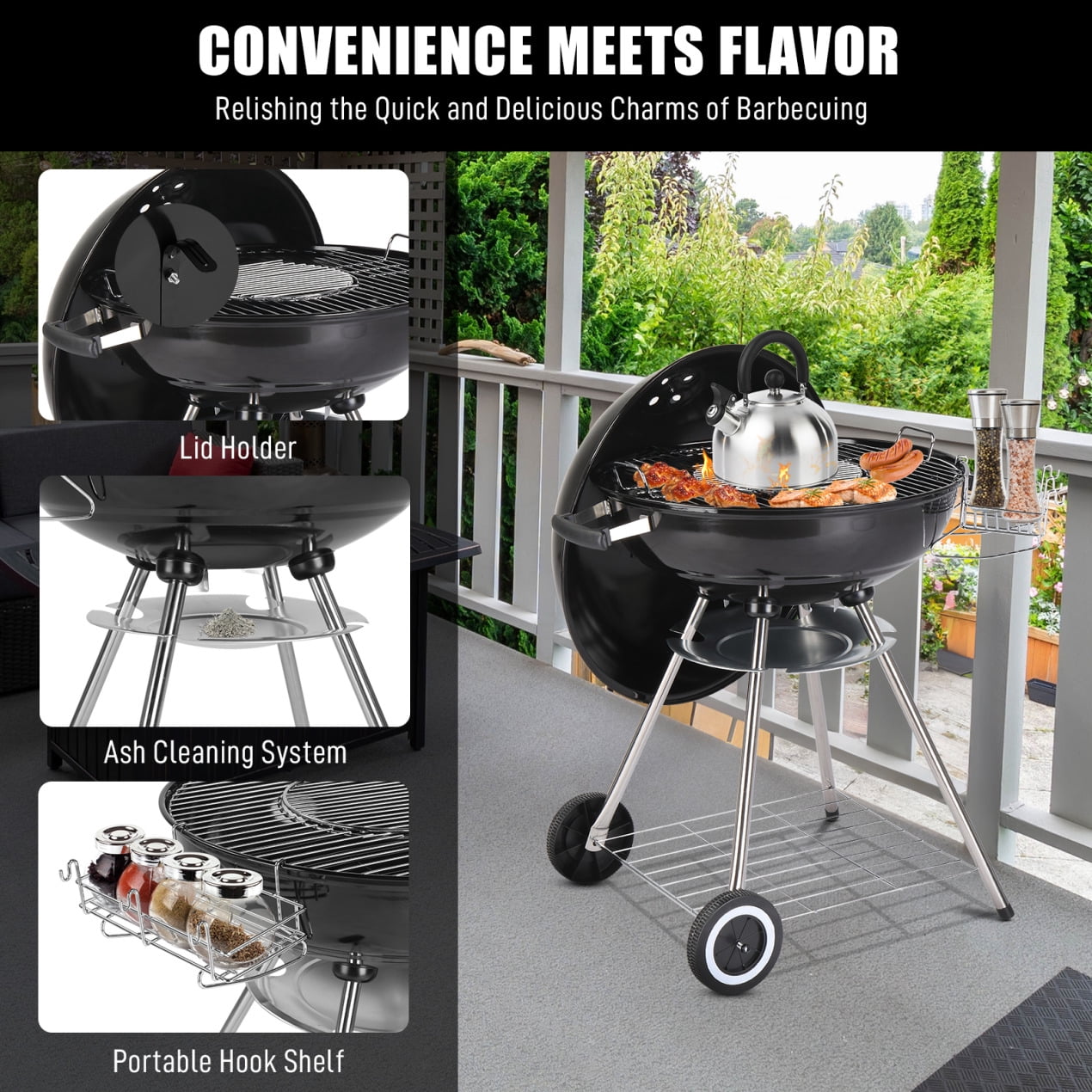 28" Camping Charcoal Grill, Barbecue Kettle Grill Bowl with Wheels, Storage Holder, Porcelain-Enameled Lid, Thermometer, Portable Wood Burning Camp Stove for Picnic, BBQ, Hiking, Party, Black