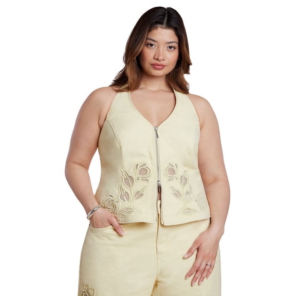 ELOQUII Women's Plus Size Floral Embroidery Denim Vest