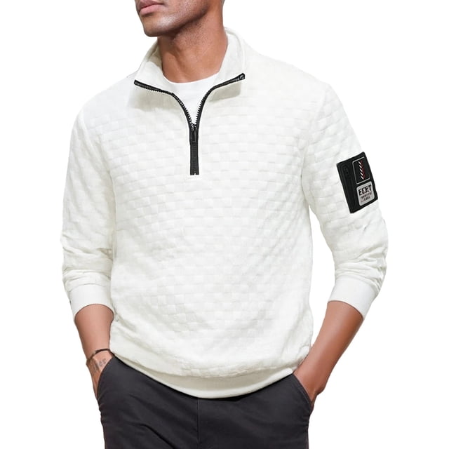Ceisia Men's Regular-Fit Stand-Collar Half-Zip Checkered Texture Hoodless Sweatshirt Gift