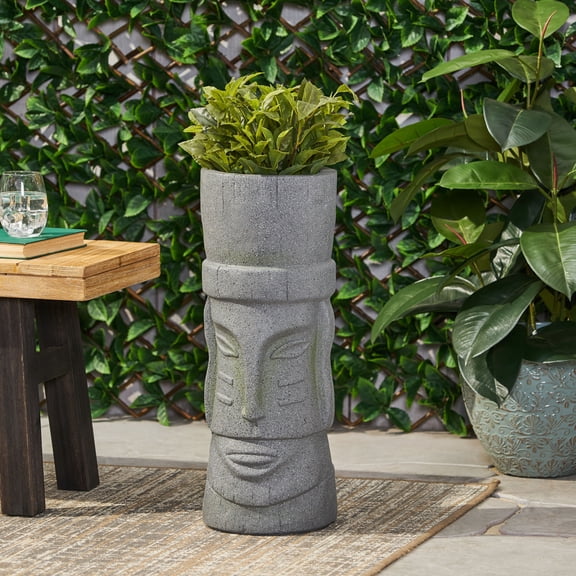 9.5" Stone Gray Flower Planter, Modern Magnesium Oxide Outdoor Garden Pot
