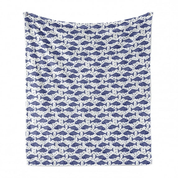 Nautical Soft Flannel Fleece Blanket, Monochrome Hand Drawn Hatched Style Fish Pattern with Minimal Bubbles, Cozy Plush for Indoor and Outdoor Use, 70" x 90", Violet Blue and White, by Ambesonne
