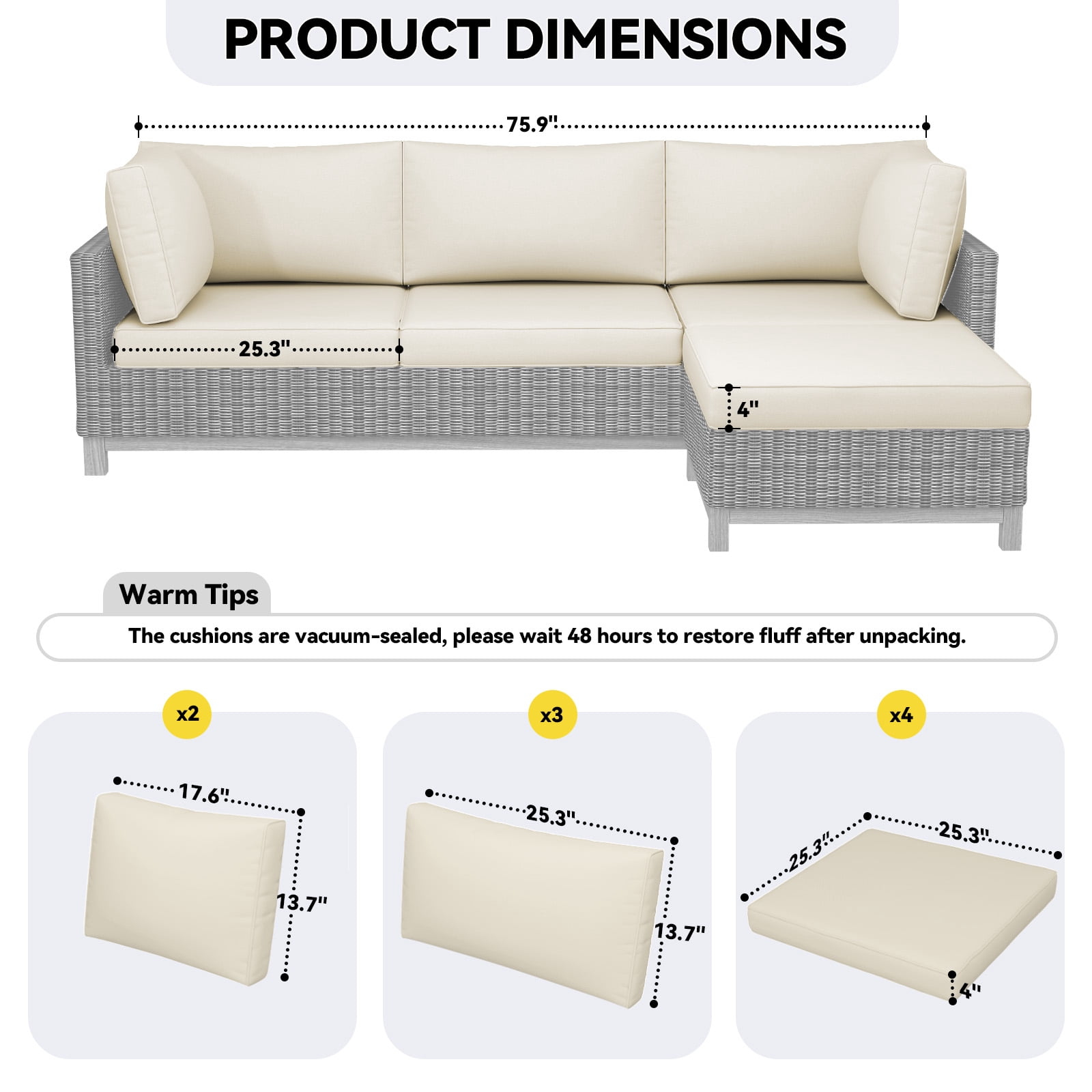4 inch Outdoor Cushions for Patio Furniture with 5 Pillows, Patio Furniture Cushions,Water-Resistant Outdoor Couch Cushions,4 Seat Sofa Cushions for Outdoor Sectional,Cream White