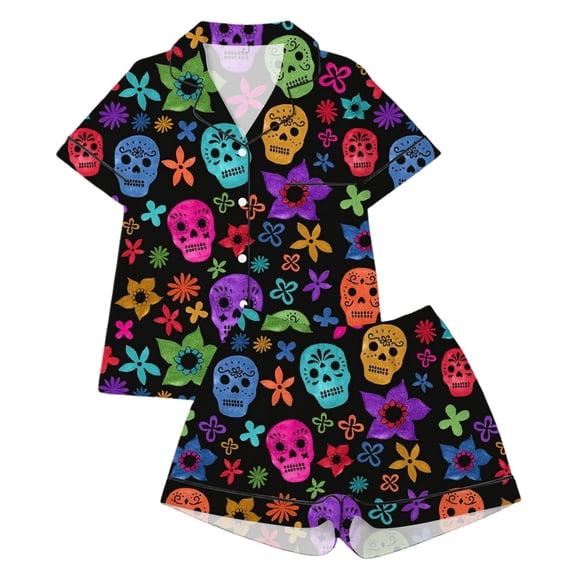 SJLDQY Halloween Girls Pajama Sets Skull Print Short Sleeve Shirts and Shorts 2 Piece Sets Casual Hallowmas Sleepwear Button Down Pjs for Girls