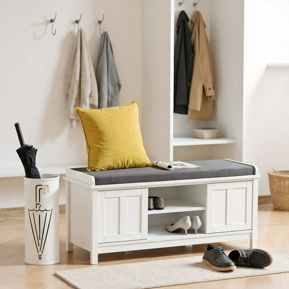Kadyn Entryway Storage Bench, Shoe Bench, Entryway Shoe Bench Storage Ottoman with Sliding Doors and Padded Seat, Holds 10 Pairs, White