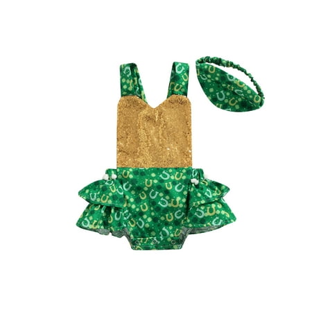 

Gureui Toddler Infant Baby Girls St Patricks Day Sleeveless Sequin Romper Backless Ruffled Triangle Bodysuit+Elastic Headband
