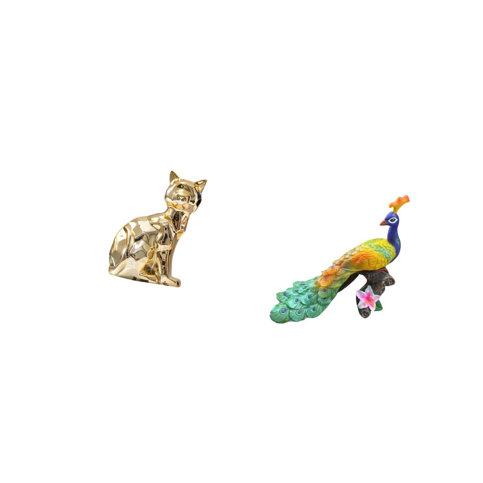 Dualoai Cat Peacock Statue Decorative Figurine Animal Sculpture Art Craft Ornament for Fireplace Garden Home Decoration Yard