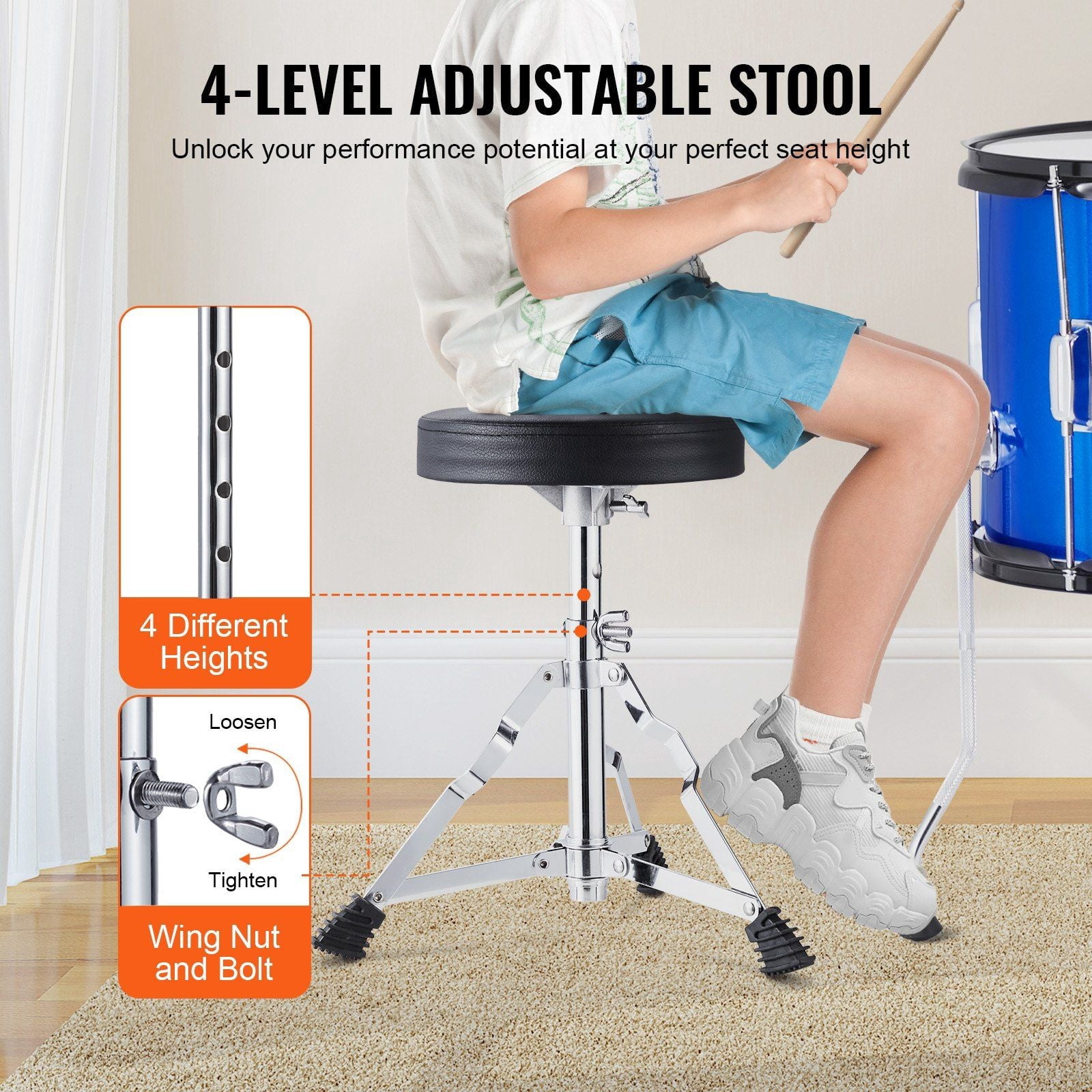 Kids Drum Set, 5-Piece, 16 in Beginner Full Drum Set with Bass Toms Snare Floor Drum Adjustable Throne Cymbal Hi-Hat Pedal and Two Pairs of Drumsticks, Starter Drum Kit for Child Kids, Blue