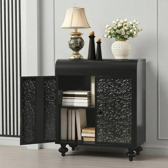 GZXS Distressed Steel Storage Cabinet, 27.55" Art Accent Organizer Furniture with 2 Doors in Embossed Patterns, Vintage Small Decorative Sideboard for Home Office, Living Room, Bedroom, Antique Black