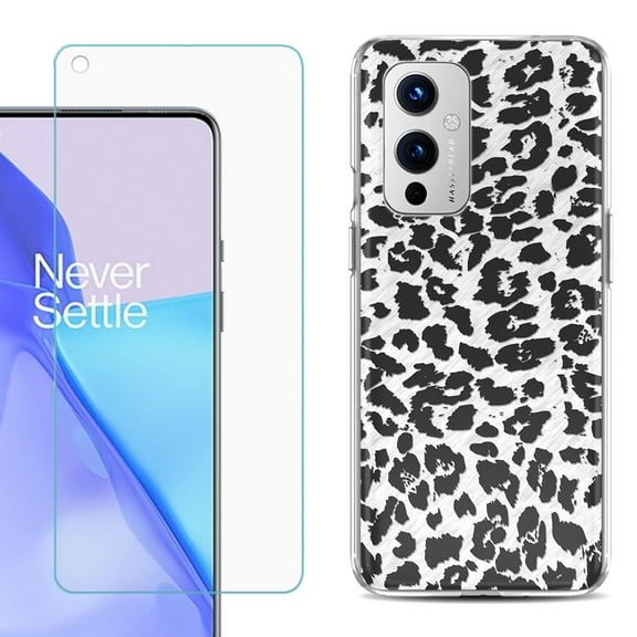 Slim-Fit TPU Phone Case Compatible with OnePlus 9 5G, with Tempered Glass Screen Protector, by OneToughShield ® - Cheetah B/W