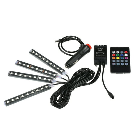 Car LED Strip Lights Colorful 4 in 1 Car Auto Interior Lights Lamp Strip Bar Floor Decoration Lighting Voice Control with Controller 12V 4X9