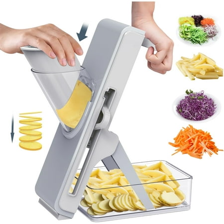 

Upgrade Safe Mandoline Slicer for Kitchen - Multifunctional Vegetable Salad per Potato Cucumber Slicer French Fry Cutter Professional 3 in 1 Veggie Food per with Container (Light Grey)
