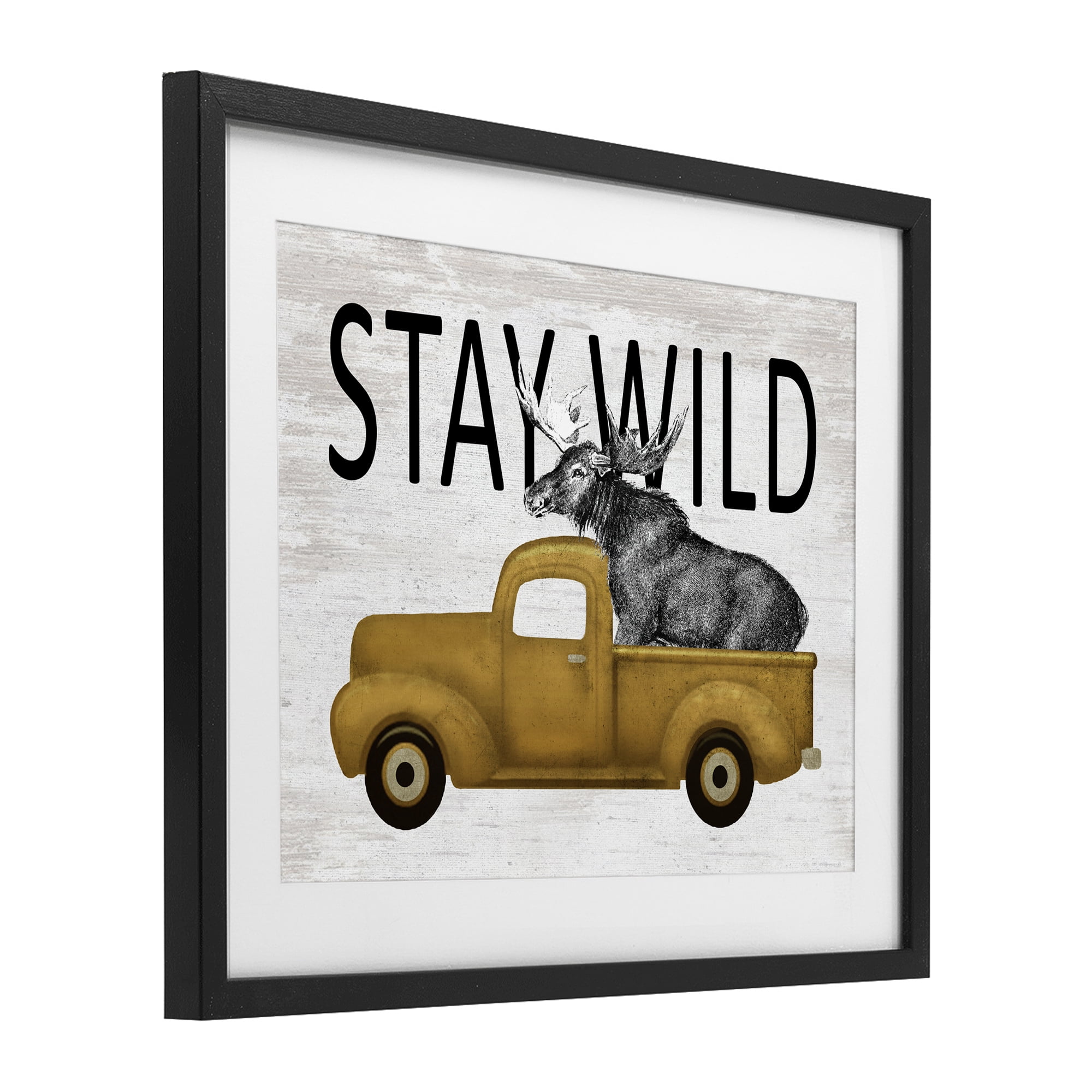 Stay Wild Moose Truck Black Framed Print Under Glass, design by Lettered and Lined