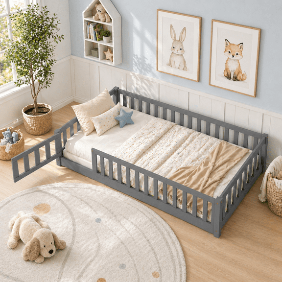 UHOMEPRO Twin Size Floor Bed with Fence and Door, Low Profile Montessori Floor Bed for Crib Transition, Solid Wood Cute Bed Frame with Slats Supports, Easy Assembly, No Box Spring Needed, Grey