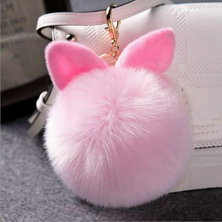 Rabbit Fur Pom-pom Key Chain Bag Charm Fluffy Puff Ball Bow Key Ring Car