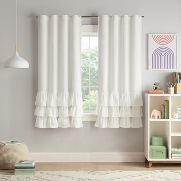 Eclipse Kids Tiered Ruffle Solid 100% Blackout Back Tab 63" long x 40" wide Curtain panel in White