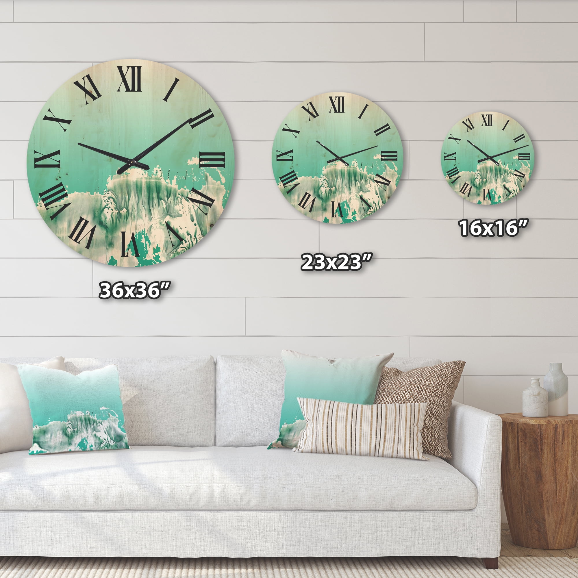 Designart 'Auquamarine Landscape Turquoise Splashes' Traditional Wood Wall Clock