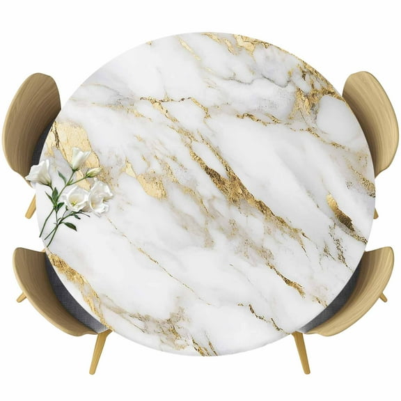 White Gold Marble Round Tablecloth 45-54 Inch Round Fitted Table Cloth with Elastic Edge, Simple Marble Geometric Waterproof Table Cover Protector for Outdoor Picnic Party Dining