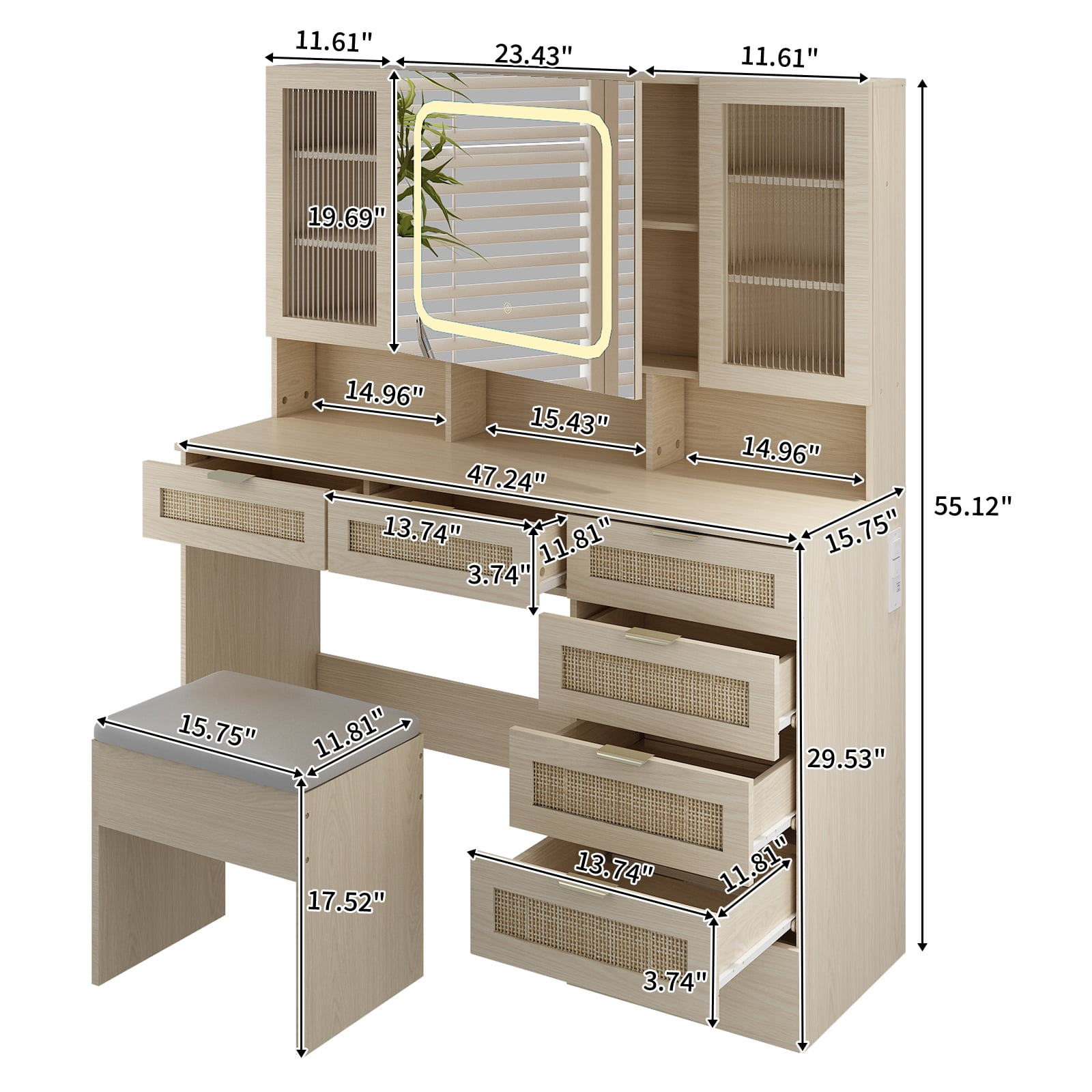 Ktaxon Large 47.24" Makeup Vanity Table Set with Hidden Storage, 7-Drawer Dressing Table, Bedroom Makeup Table, Natural