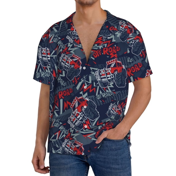 Fotbe Cool Red Off-Road Vehicle Camisa Estampada de Manga Corta para Hombre, Casual de Verano, Estilo Playero, Sin Arrugas-Medium