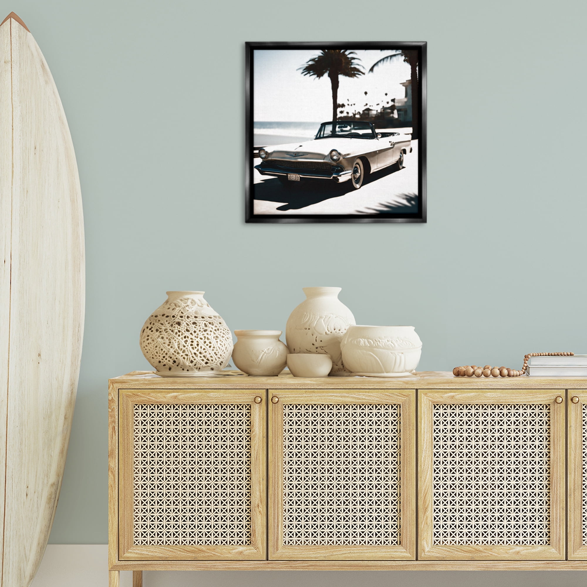 Stupell Industries California Cruise Antique Car Transportation Painting Black Floater Framed Canvas Art Print Wall Art, 25 x 25