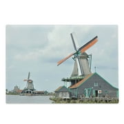 Dutch Cutting Board, Photo of Historical De Kat Windmill in Zaanse Schans at Province of North Holland, Decorative Tempered Glass Cutting and Serving Board, in 3 Sizes, by Ambesonne