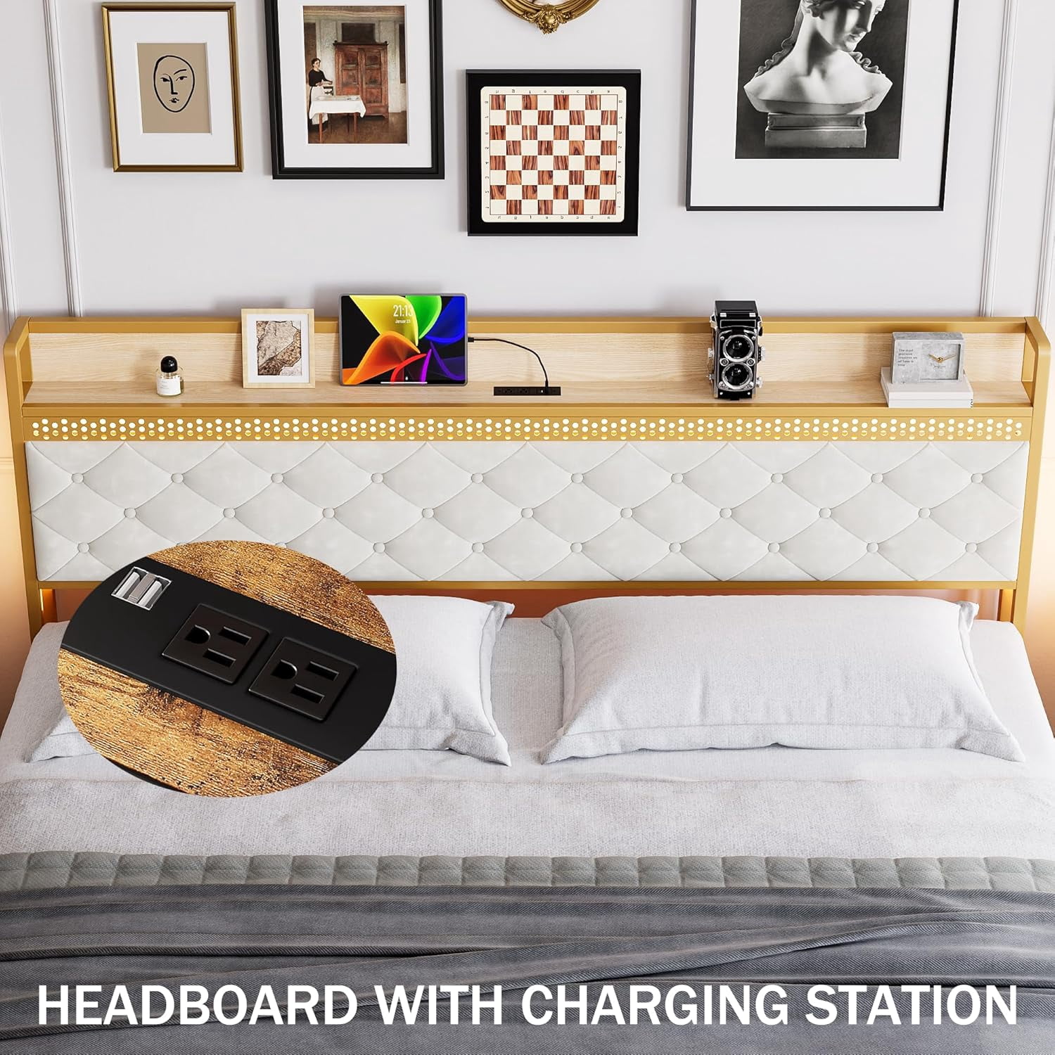 Historyli King Size Bed Frame with RGB LED Lights,Storage Headboard & 2 Storage Drawers,Upholstered Platform Bed with USB Ports & Outlets,Noise Free,Easy Assembly,No Box Spring Needed,White