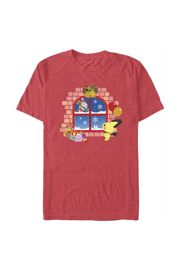 Men's Pokemon Christmas Window Graphic Tee Red Heather Large