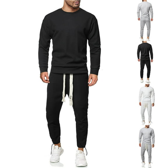 safuny Men's Casual Joggers Pants Drawstring 2 Piece Outfits Big&Tall Pullover Lounge Sets Long Sleeve Sports Tracksuits Fall Winter Crew Neck Ribbed Sweatshirts Relaxed Black L