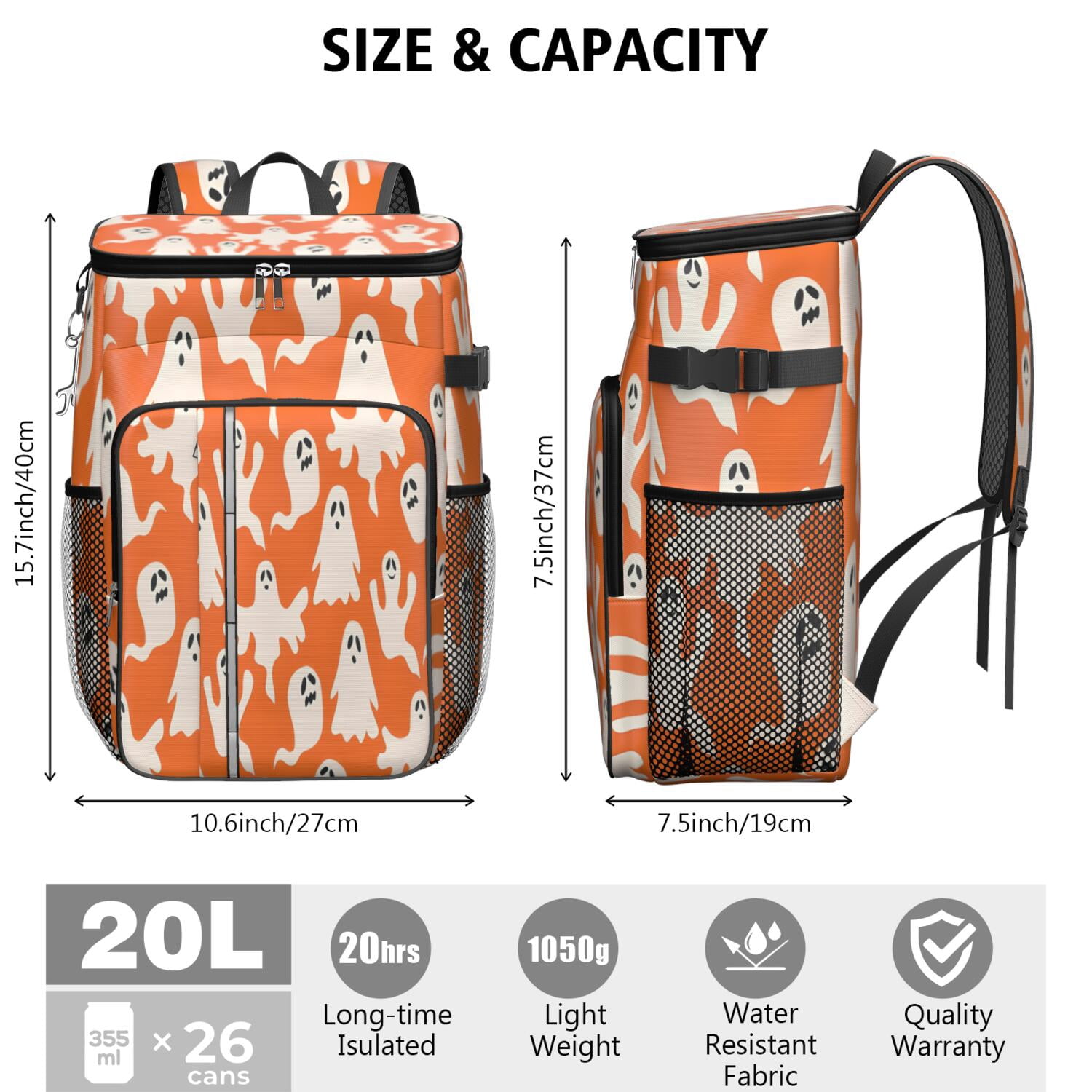 Travel Cooler Bag - Orange Halloween Ghosts Camping Beer Cooler Backpack with Bottle Opener- Waterproof Insulated Picnic Backpacks - Cooler Bag for Beach