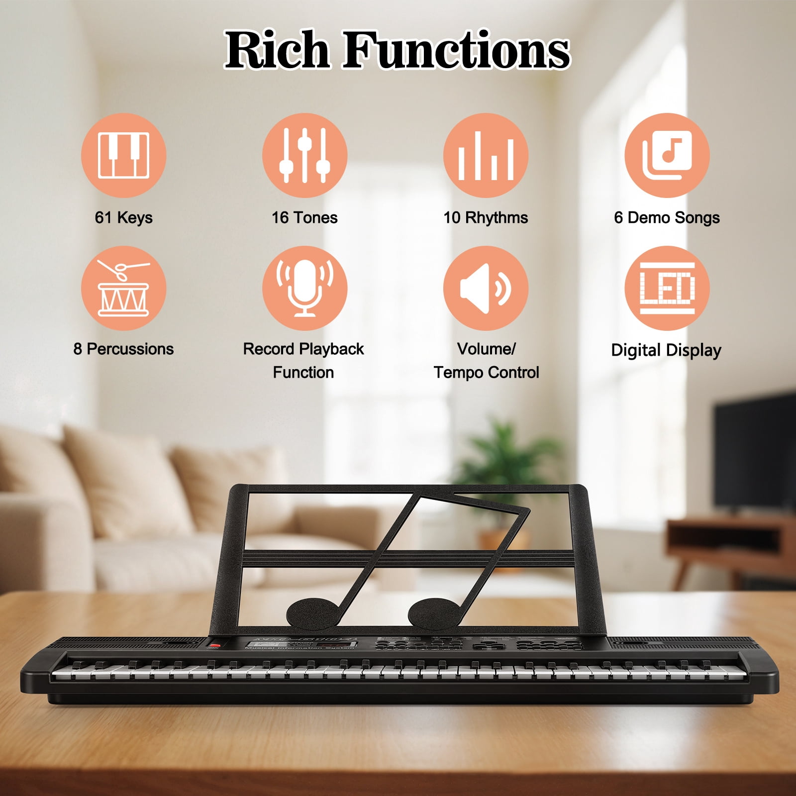 Fanruina 61 Key Portable Keyboard Piano for Beginners with Built in Speakers Teaching Mode Microphone and Music Stand 25.5 Inch Electric Piano