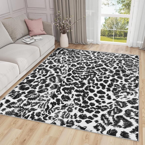 Animal Print Area Rugs, Black White Leopard Pattern Carpet, Washable Non Slip Low Pile Soft Rug for Living Room Bedroom Decor Mat 5x8ft