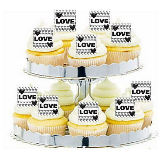 24pk Weding Love Black and White Edible Cupcake Decoration Toppers / Picks