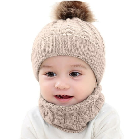 

DENGDENG Newborn Infant Baby Toddler Winter Faux Fur Pompom Knitted Beanie for Boys Girls Warm Soft Cap with Scarf 0-2Y