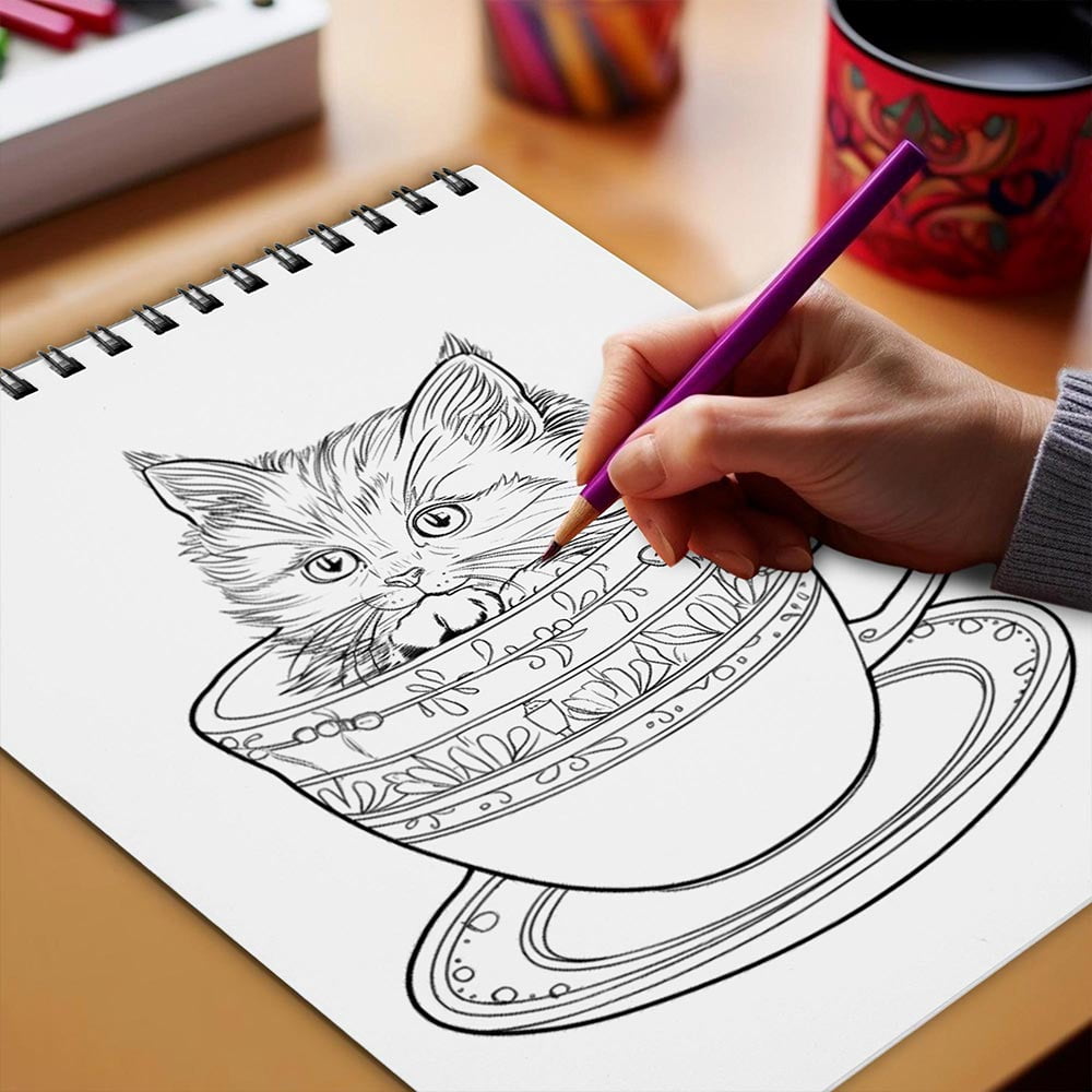 Netecom Teacup Kittens Coloring Book for Adults, Spiral Bound, Soft Cover