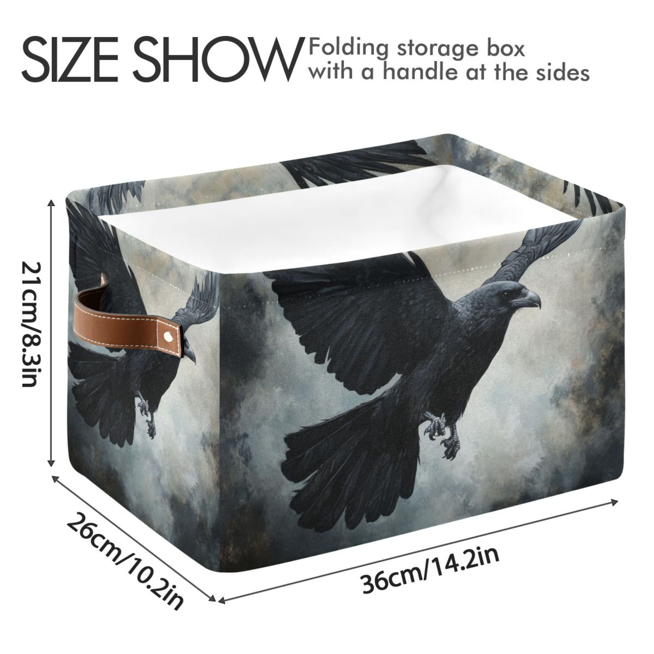 WOBOGO Black Bird Square Storage Basket with Waterproof Canvas and PE Lining Durable PU Leather Handles 14.2×10.2×8.3in