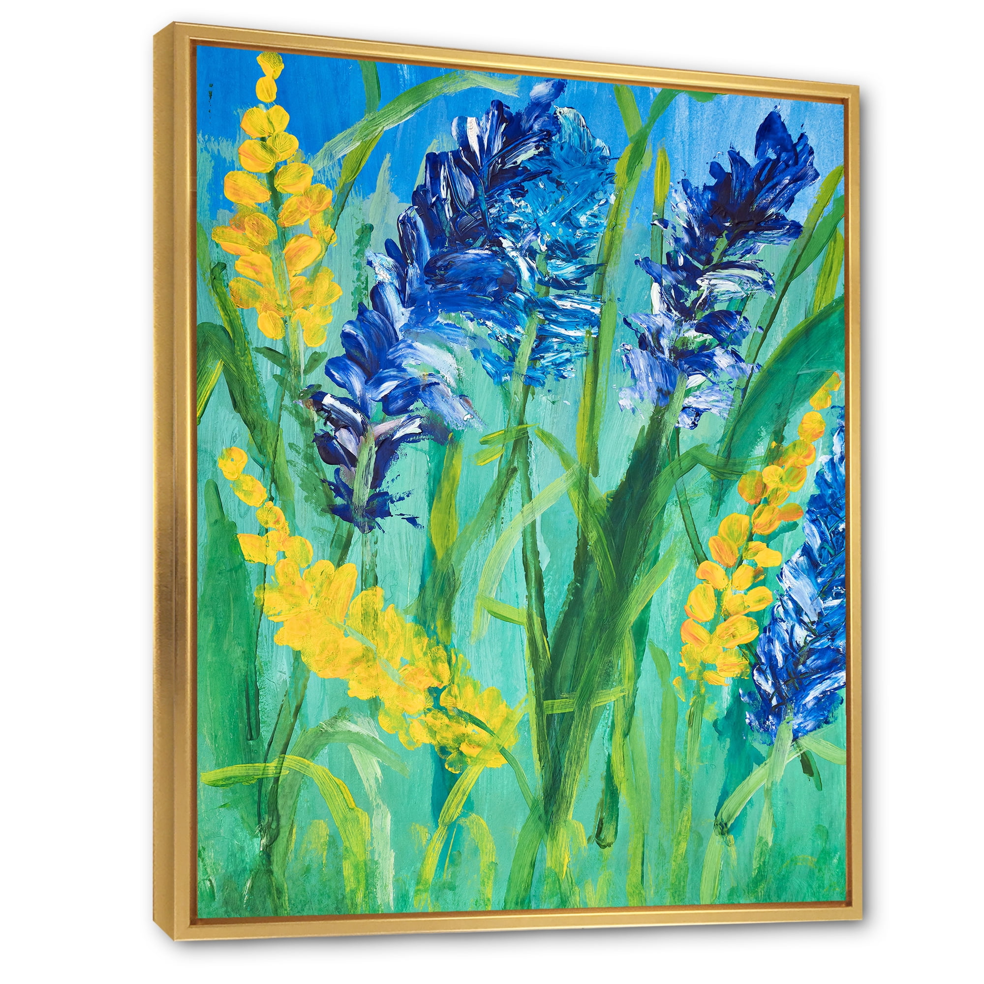 Designart 'Yellow and Blue Wild Flowers and Grass Gouache' Traditional Framed Canvas Wall Art Print