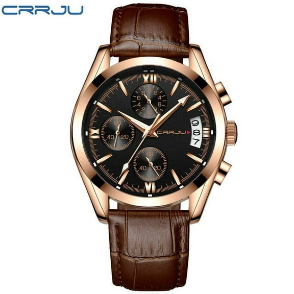 CRRJU Mens Chronograp Sport Watches Luxury Quartz Gold Watch Men Casual Leather Business Waterproof WristWatch Relogio Masculino