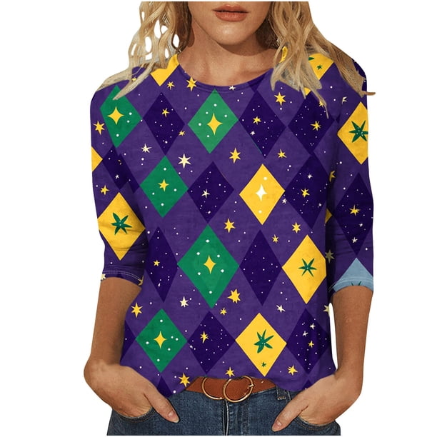 Camisetas Casuales de Manga 3/4 para Mujeres con Estampado de Carnaval, Cuello Redondo