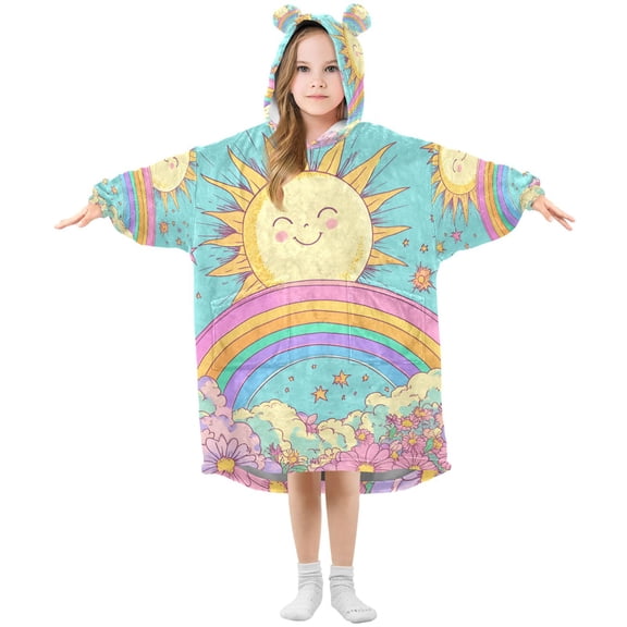 FORMRS Wearable Blanket Hoodie with Sleeves for Kids Cozy Flannel Sweatshirt, Retro Blue Rainbow