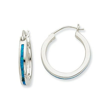 .925 Sterling Silver 23 MM Created Blue Opal Inlay Hoop Earrings