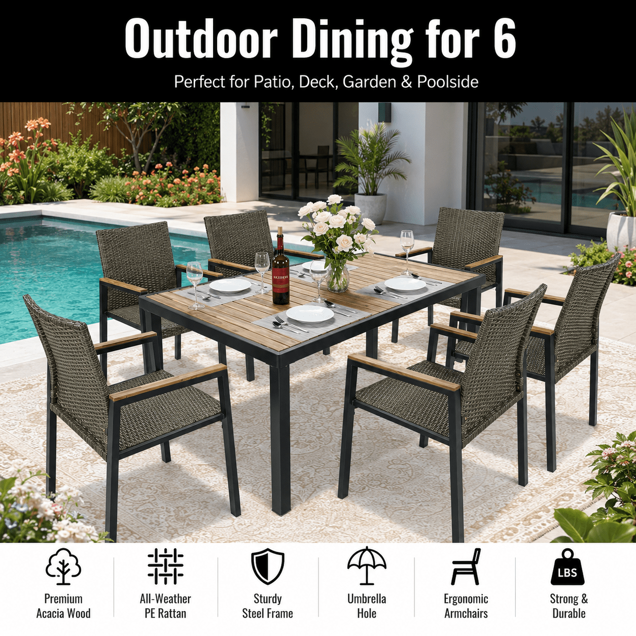 Seizeen 7-Piece Outdoor Table and Chairs, Patio Table Set with 6 Rattan Chairs, All-weather Outdoor Patio Dining Sets Rectangular Metal Table with Acacia Wood Top, Umbrella Hole, Gray