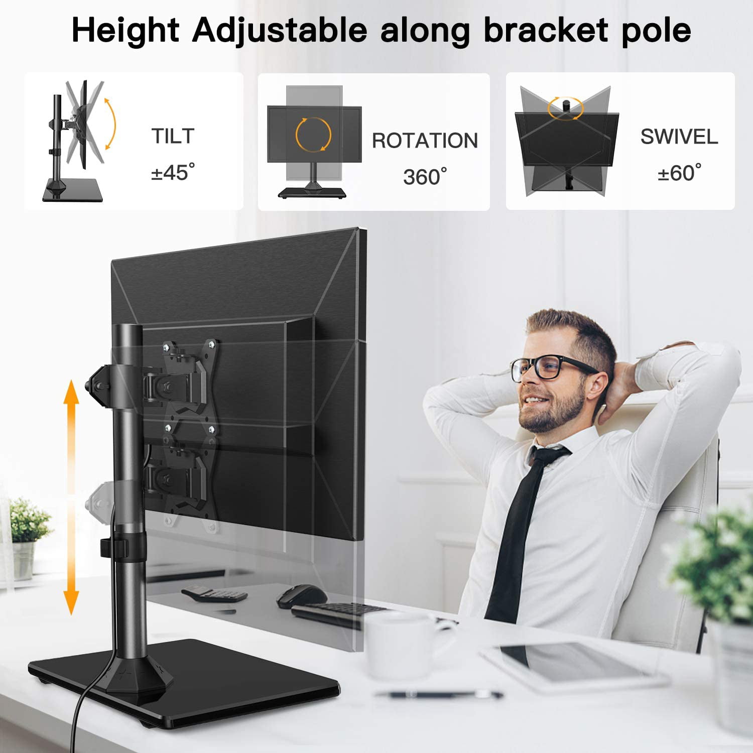 Tilt HUANUO Single Monitor Stand Free Standing Full Motion Desk Mount Riser fits 13 to 32 inch Screens with Adjustable Height Rotation Swivel 