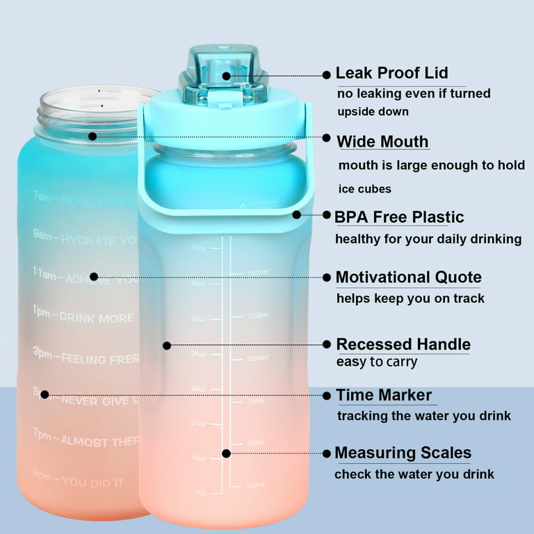 64 oz Motivational Water Bottle with Time Marker Half Gallon Water