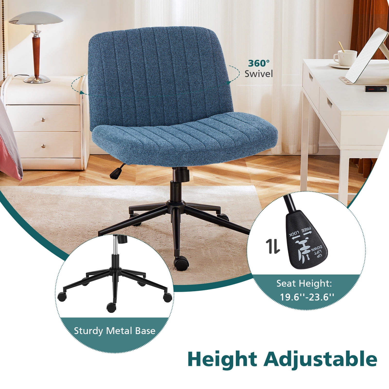 JIOABL Criss Cross Chair with Wheels,Wide Seat Ergonomic Desk Chair,U Shaped Backrest,Height Adjustable Armless Swivel Chair for Home Office,Vanity & Living Room,Linen Blue