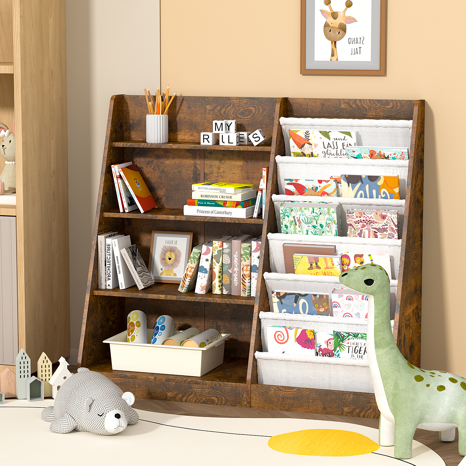 Hironpal Large 6 Layer Sling Kids Bookshelf, 4 Tier Wooden Children Toy Organizer Cabinet for Playroom Nursery Classroom Library