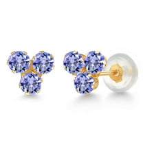 Gem Stone King 14K Yellow Gold Blue Tanzanite Trio Three Stone Stud Earrings for Women (0.90 Cttw, Gemstone December Birthstone, Round 3MM)