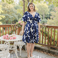 thumbnail image 6 of Plus Size Summer Floral Dress V-Neck Short Sleeve A-Line Knee Length XL-5XL(4XL, Blue Flower), 6 of 7