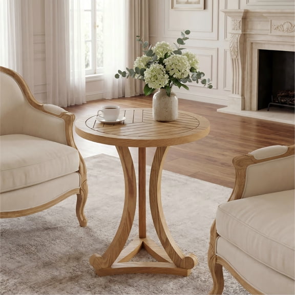 Round Wood Accent Table 17.72 Inch, Natural Finish End Table with Curved Base for Living Room Bedroom