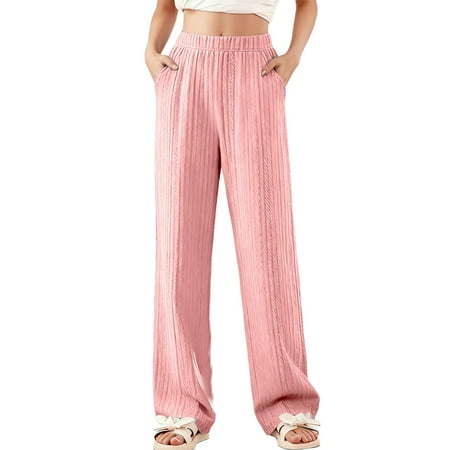 AHTJRT Kids Ribbed Wide Leg Pants High Elastic Waist Pants with Pockets Lightweight Cotton Comfy Soft Lounge Trousers Hot Pink 7-8 Years